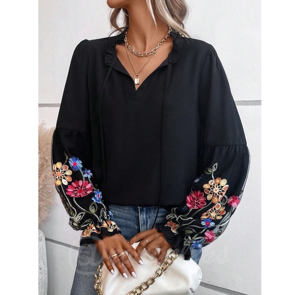 Black Boho Blouse Long Sleeve Floral Embroidery Neck Ties - Picture 4 of 10